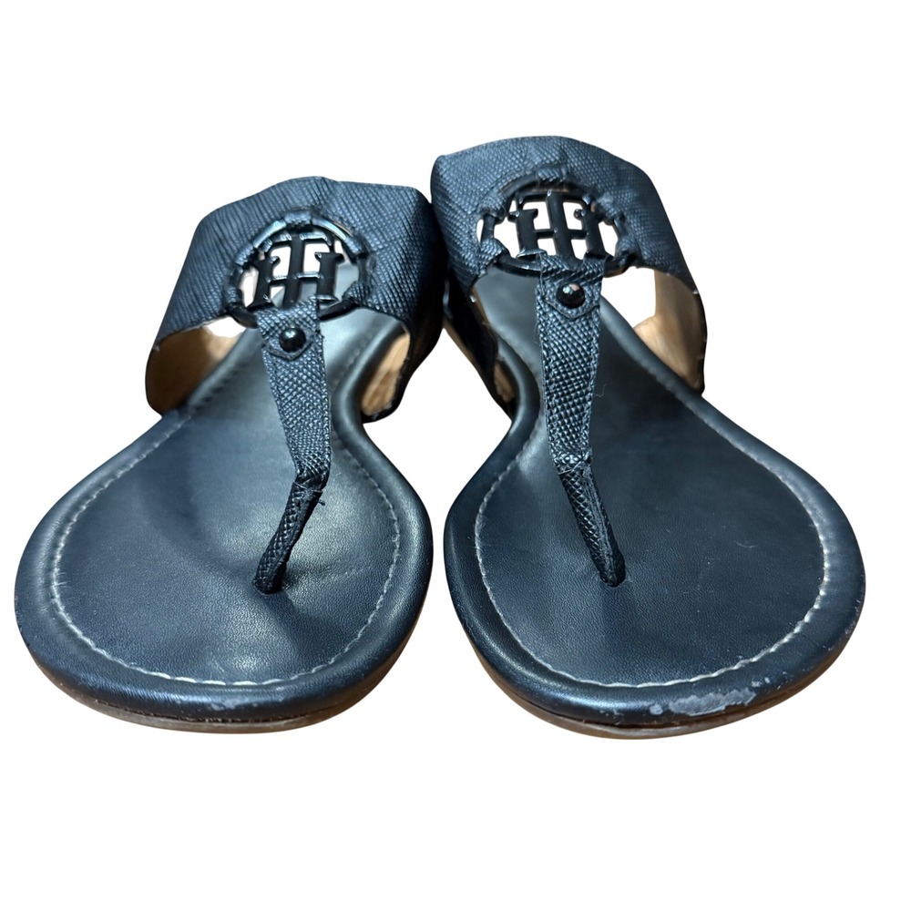 Tommy Hilfiger Tysia Black Logo Thong Sandals Women Size 9.5M